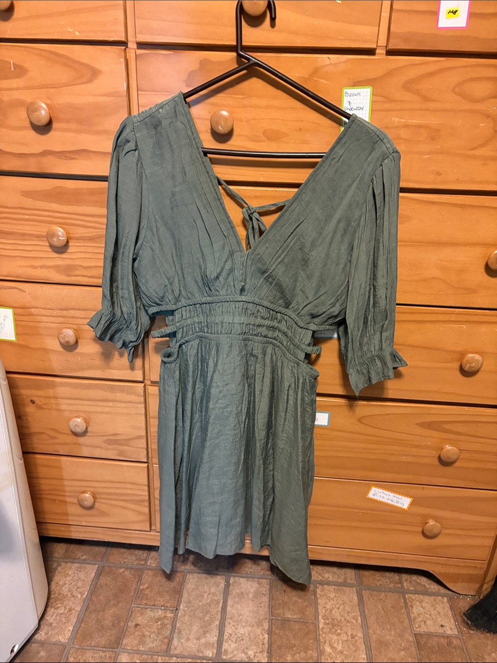 Olive Green V-Neck Smocked-Waist Mini Dress - Unbranded
